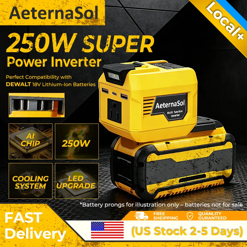(US Stock 2-5 Days) AeternaSol 250W Power Inverter For 18V DeWalt 20V MAX Battery Portable Power Station 110V AC 500W Peak Surge QC3.0 USB 20W PD 20W Type-C LED Work Light Camping Outdoor Night Fishing Job Site Hunting Blind Emergency Backup