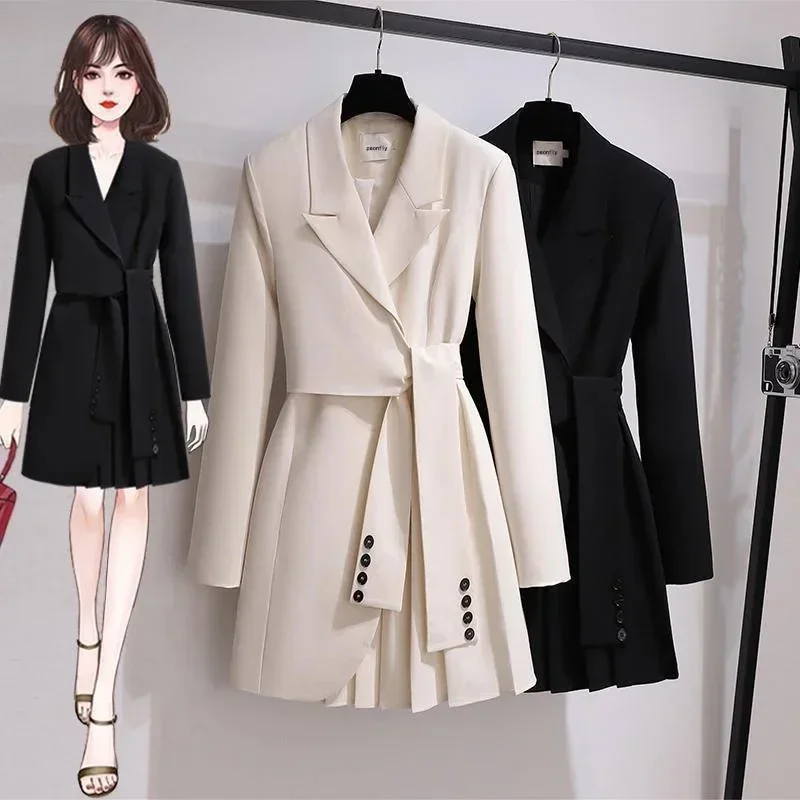 

Belt Jacket New Notched Collar Long Sleeve Female Coat Fashion Autumn Blazer Dress Lace Up Sashes Slim Fitting Dress V1534