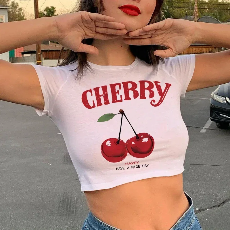 90er Jahre Cropped Bequemes T-Shirt mit Kirschdruck, Crop-Top, Kurzarm, Rundhalsausschnitt, T-Shirt für Damen, lässige Frühlings- und Sommerkleidung – Detail 2