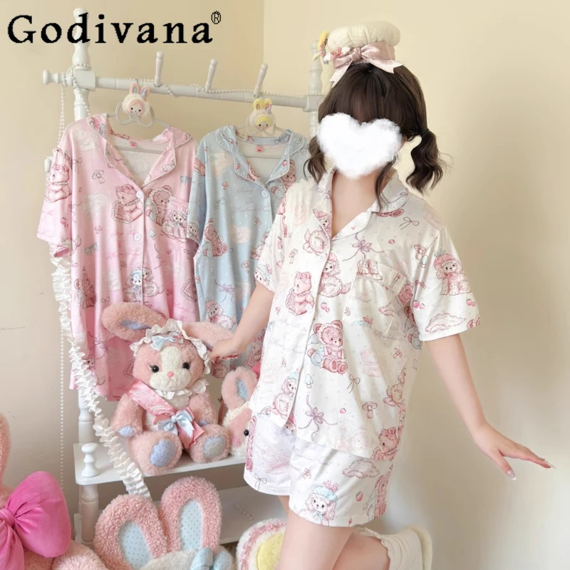 

Original Large Size Lolita Pajamas Set Summer Japanese Sweet Girls Bear Print Loose Casual Y2k Pajamas Daughter Kawaii Homewear