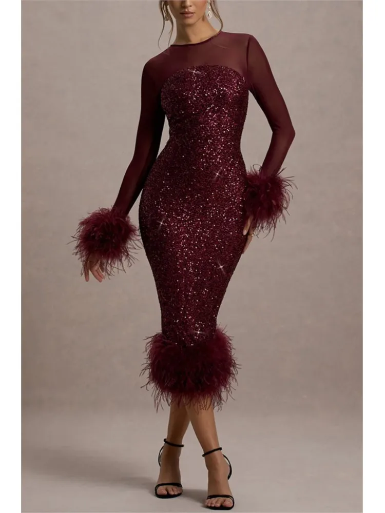 

Fashion Sequines Long Dress 2026 New O-neck Long Sleeve Slim Hip Package Split Dresses Elegant Backless Party Evening Dress