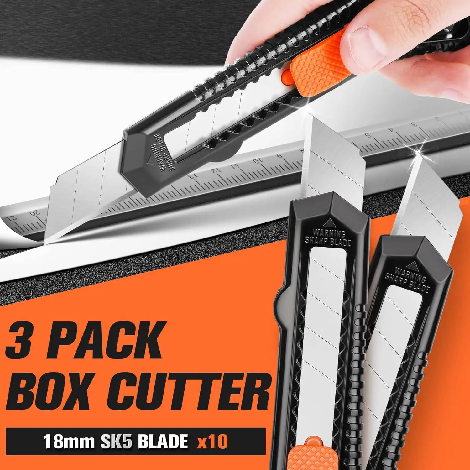 3 Pack Utility Knife Box Cutter Retractable, Compact Box Knife for Cartons, Cardboard and Boxes, with 10 Piece 18mm Wider