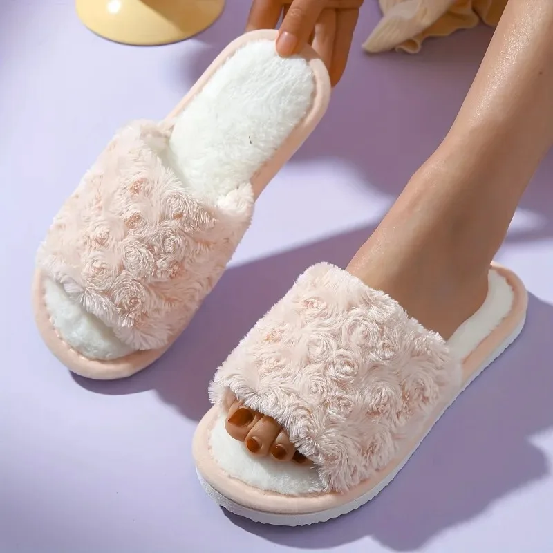 

Winter Women Indoor Warm Home Rose Flower Slippers Bedroom Print Non-slip Soft Comfort Plush House Shoes Chaussure Femme