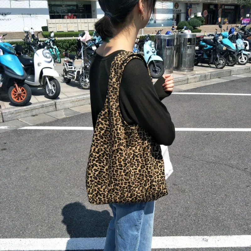 

Leopard Print Vest Bag Female Tide Leopard Print Printed Cloth Bag Casual Fashion Student Shoulder Portable Canvas Bags