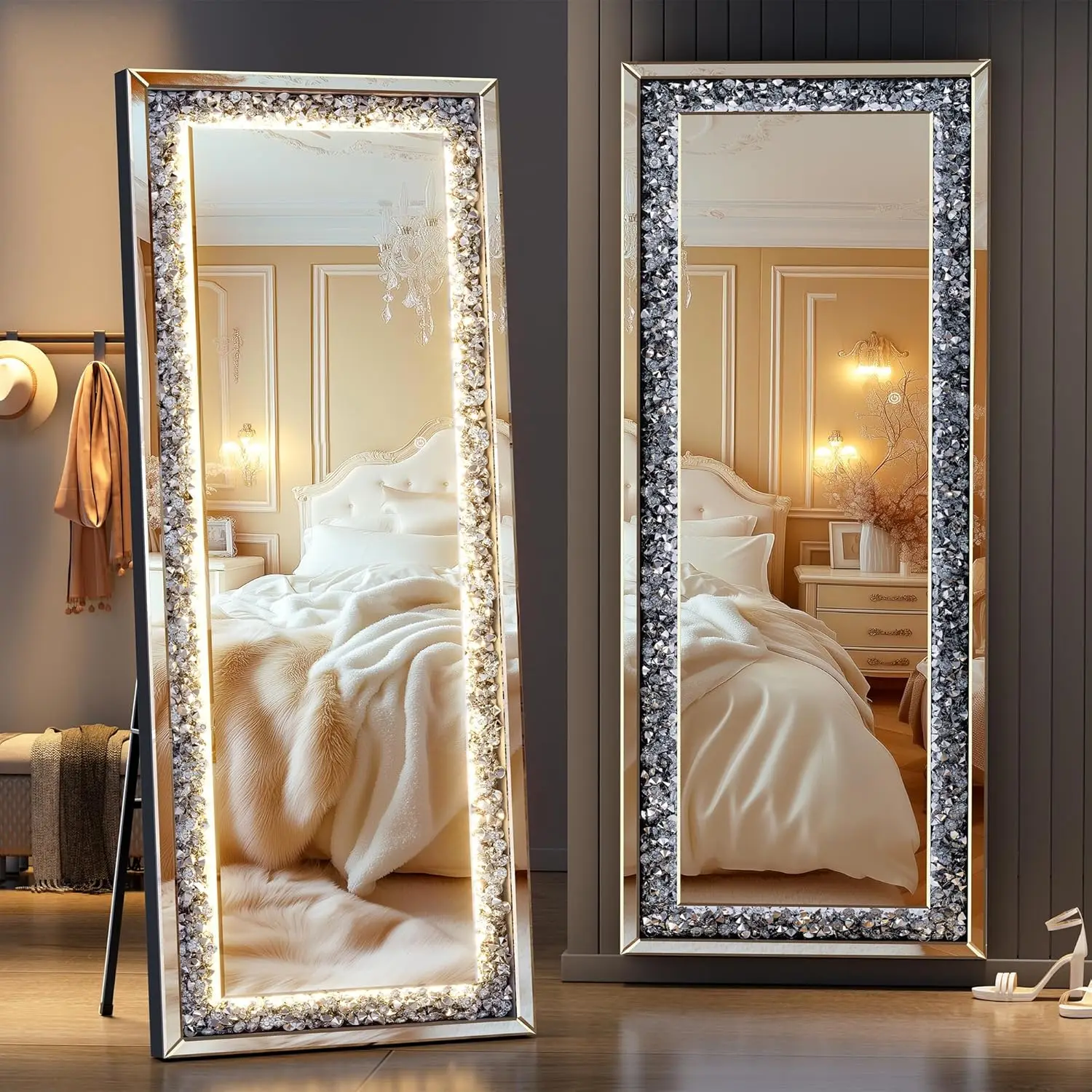 NEW 61"×22" LED Full-Length Mirror Crystal Crush Diamond, Wall Mounted Diamond Mirror Leaning for Living Room Bedroom Dimming