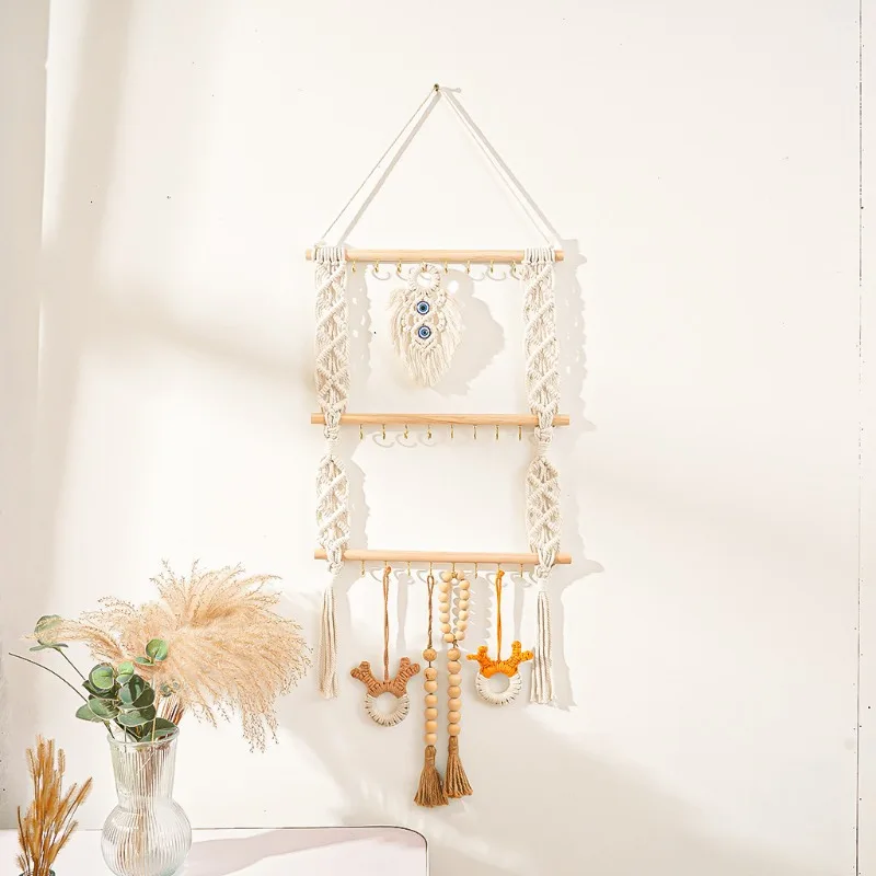 1 قطعة الحبل القطن البوهيمي المنسوجة يدويا عقال حامل إكسسوارات الشعر المنظم الجدار الشنق ديكور المنزل نسيج القطن اليدوية #6