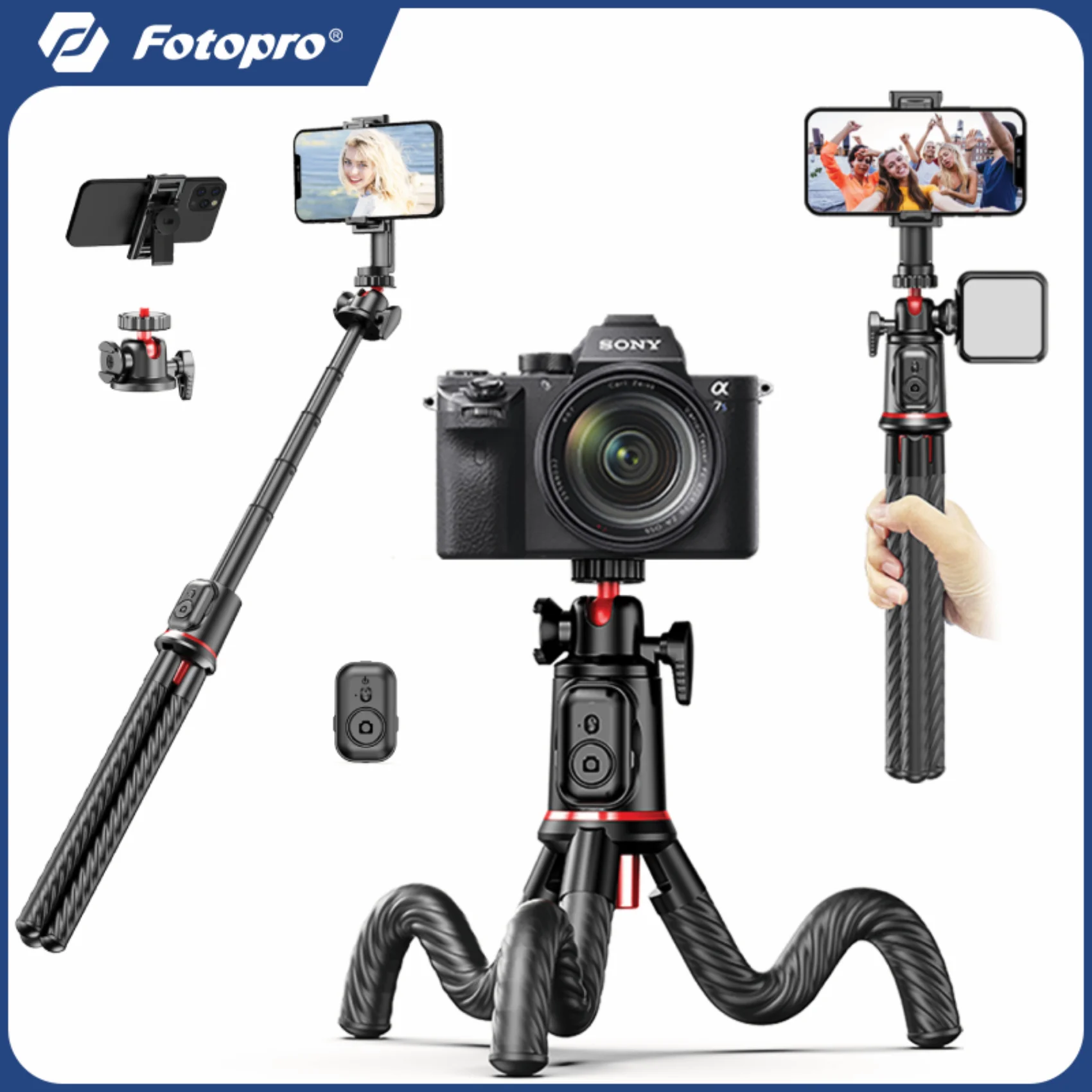 Fotopro RM-67 Flexible Phone Tripod with Wireless Remote Phone Holder Adapter for Recording Vlogging Live Streaming