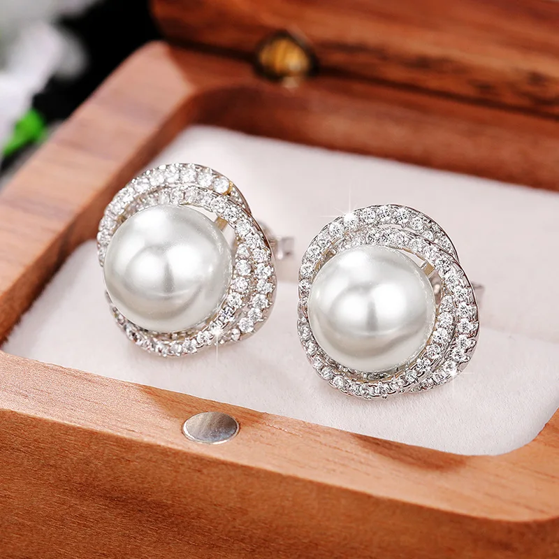 New Shiny Imitation Pearl Stud Earrings Fashion Cross Design Aesthetic Women Ear Piercing Accessories Wedding Party Jewelry Gift