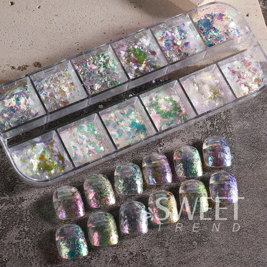 12 Gitter, schillernde Kristallnägel, Aurora-Glitzer, Feuerflocken, holografische glitzernde Pailletten, Charms, Gel-Nagellack, Maniküre, Flash-Dekor
