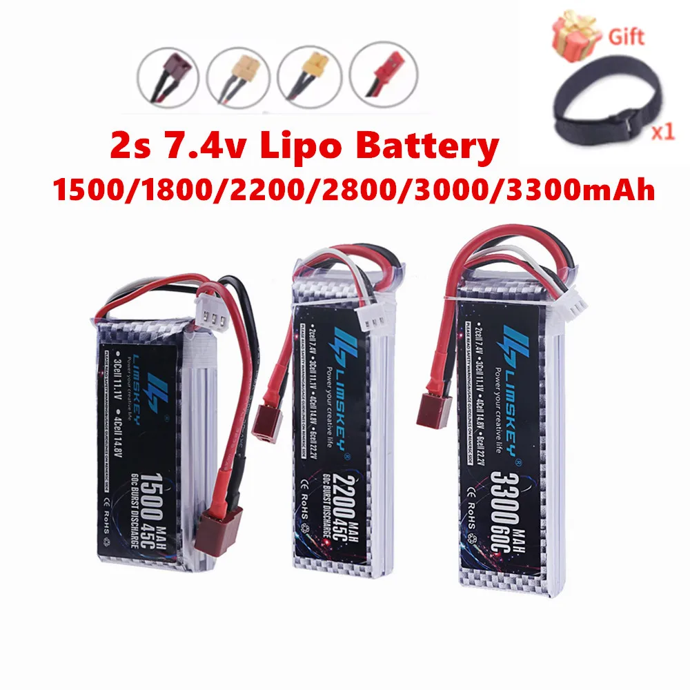 Lipo Battery 2S 7.4V 1500mAh 2200mAh 3000mah 3300mah 45C/60C With T XT60 Plug For Quad RC FPV Airplane Drone Racing Hobby