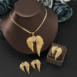 Shiny Crystal Zircon angel wings Pendant Necklace+earrings+rings stainless steel  for Women Girls Party Jewelry Birthday Gift