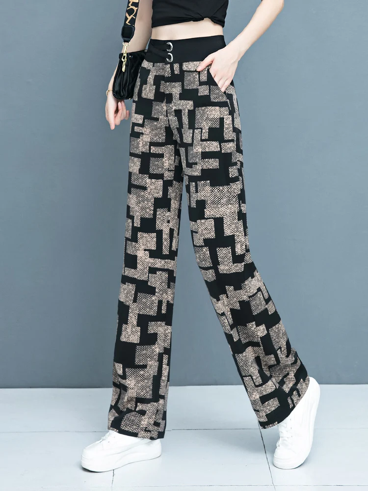 

Женские летние новые свободные брюки с высокой талией в клетку, широкие, из тонкого ледяного шелка, прямые, струящиеся