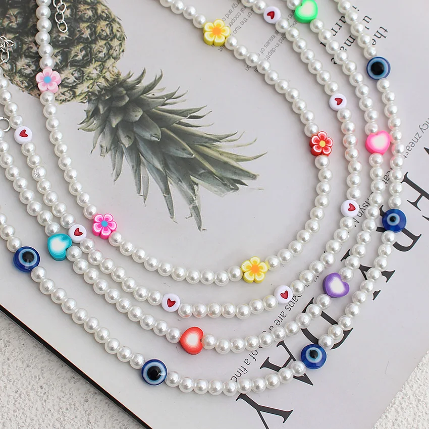Necklace for Women Collier Heart Imitation Pearl Necklace Korean Fashion Beads Chain Handmade Choker  Bijoux Femme Jewelry Gifts