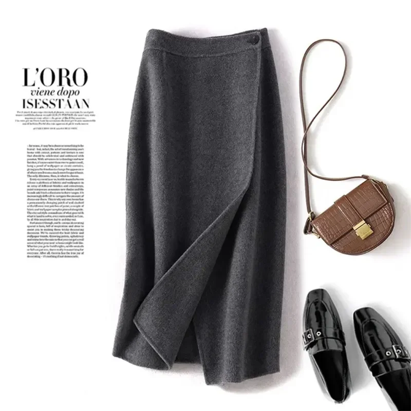 New Spring Elegant Woolen Skirt Women Office Lady Solid Color Fashion Design Straight Pencil Skirts Midi Jupe Spring Clothing