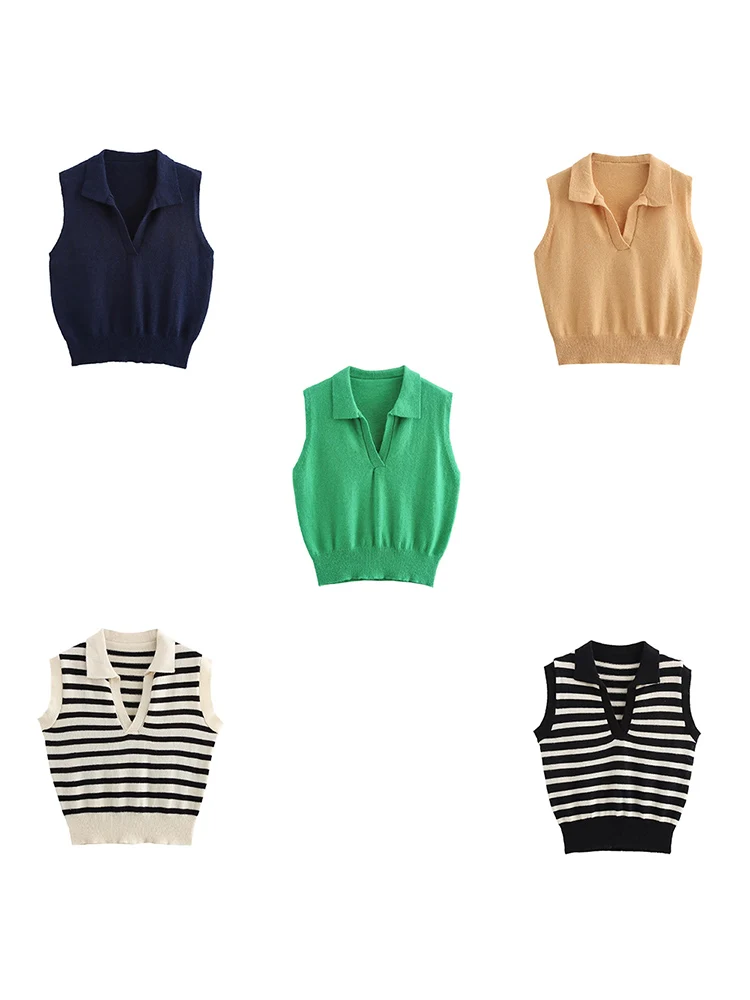 

2024 autumn and winter polo collar fashion vest college style short vest doll collar solid color sweater pullover