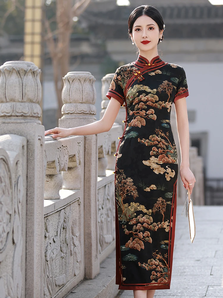 Old Shanghai Improved Cheongsam New Retro National Style Chinese Short Sleeve Diagonal High-End Temperament Dress