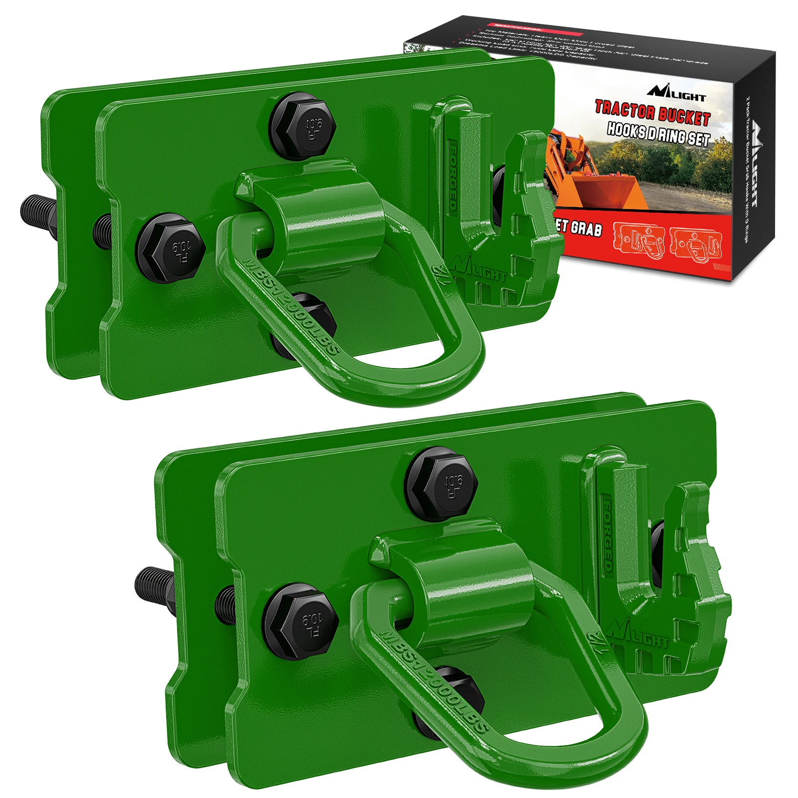 Nilight 2PCS Tractor Bucket Hooks with Tie Down Ring (Left+Right) Bolt-On Grab Hook with Back Plates Compatible with Trailer RV UTV Truck, Grade 70 Grade Forged Steel Max 15000 lbs, Green