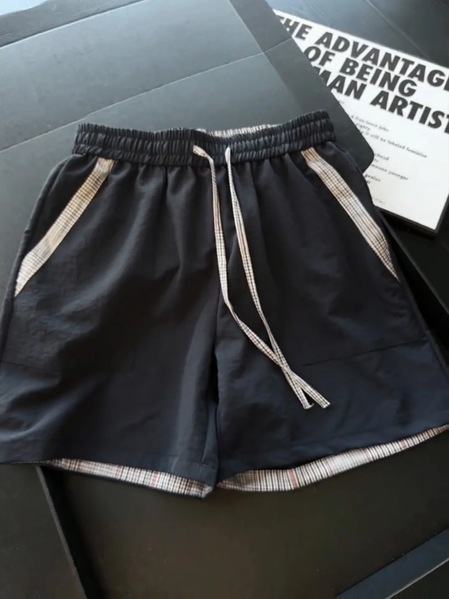 American Retro Patchwork Plaid Men's Short Pants Summer Thin Quick Dry Sports Five-Quarter Length Casual Loose Fit Elastic Waist