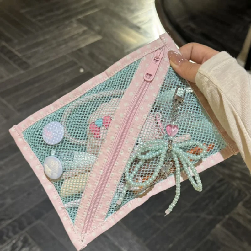 Polka Dot Mesh Cosmetic Bag Lightweight Portable Zipper Makeup Storage Pouch Breathable Transparent Toilet Organizer For Travel