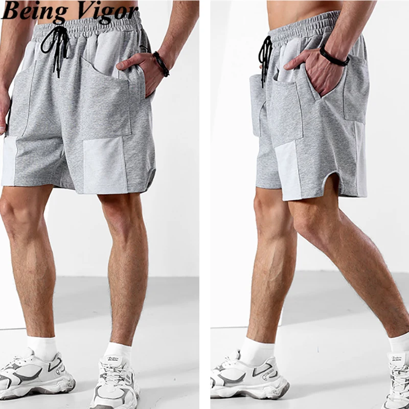 

Being Vigor 85% Cotton Men Mid Length Sweat Shorts Multi Pockets Cargo Track Shorts Men Loose Street Hip Hop Shorts Half Pants