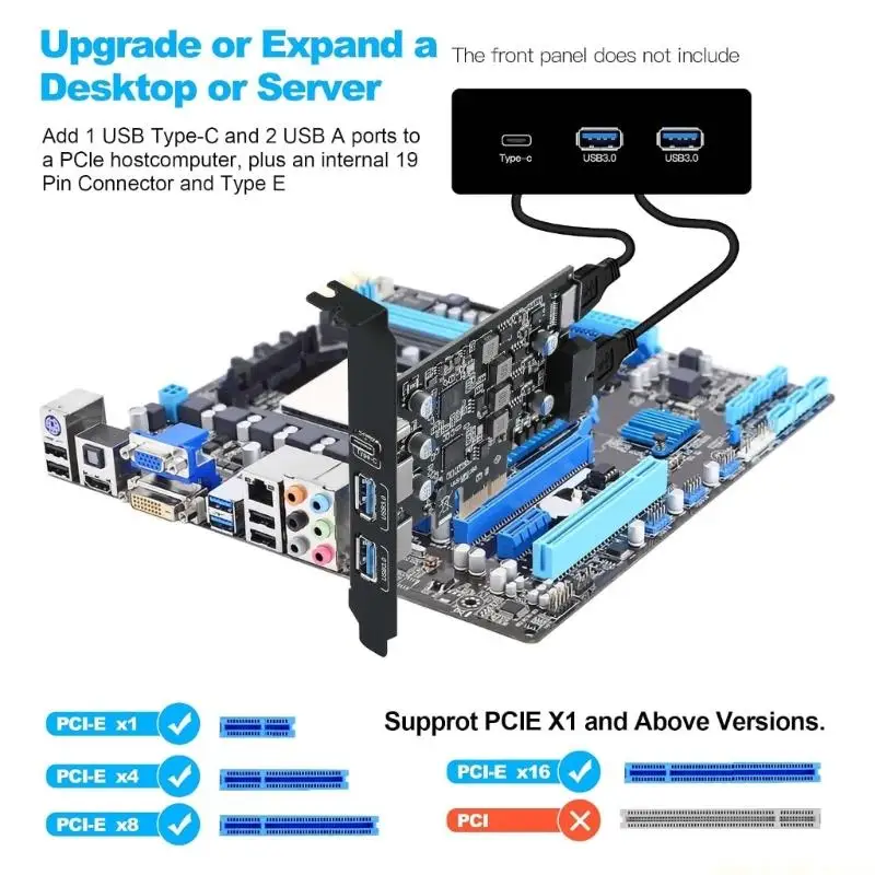 Standard and Compact Case Mounting PCIe USB Card with 2 External USB-A Slots, 1 USB3.0 Type-C Slot, Internal Type-E Connection