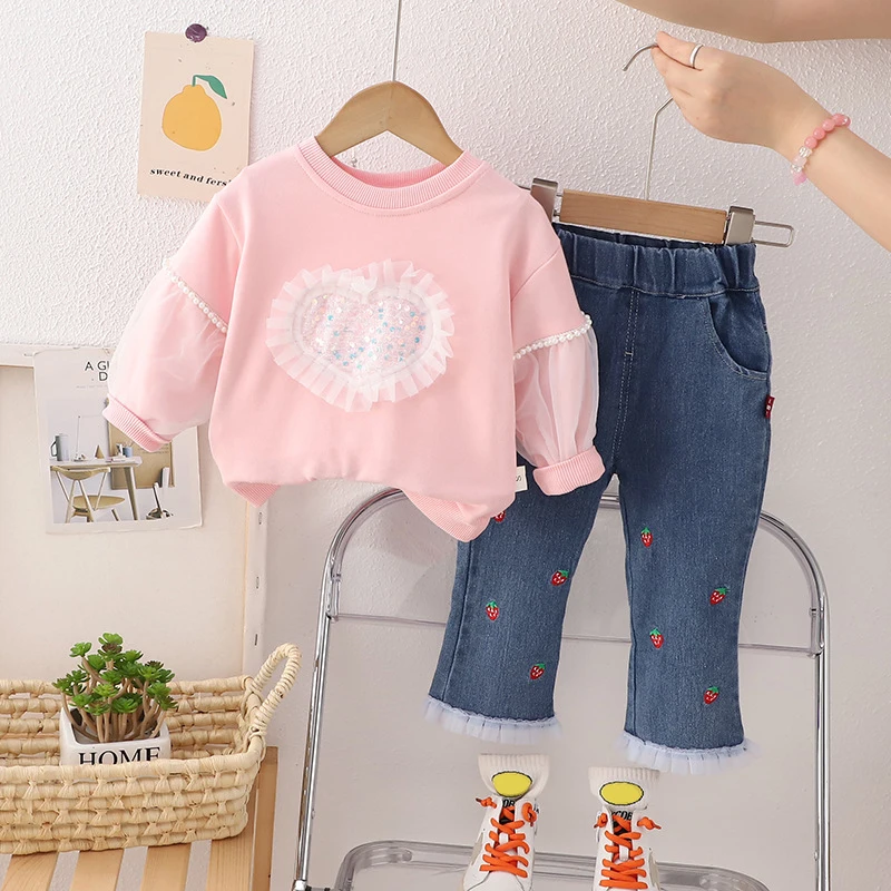 

Children Clothing Sets for Baby Sportswear Girls Love T Shirt Lace Jeans Toddler Kids Tracksuit Autumn Infant Clothes Outfits