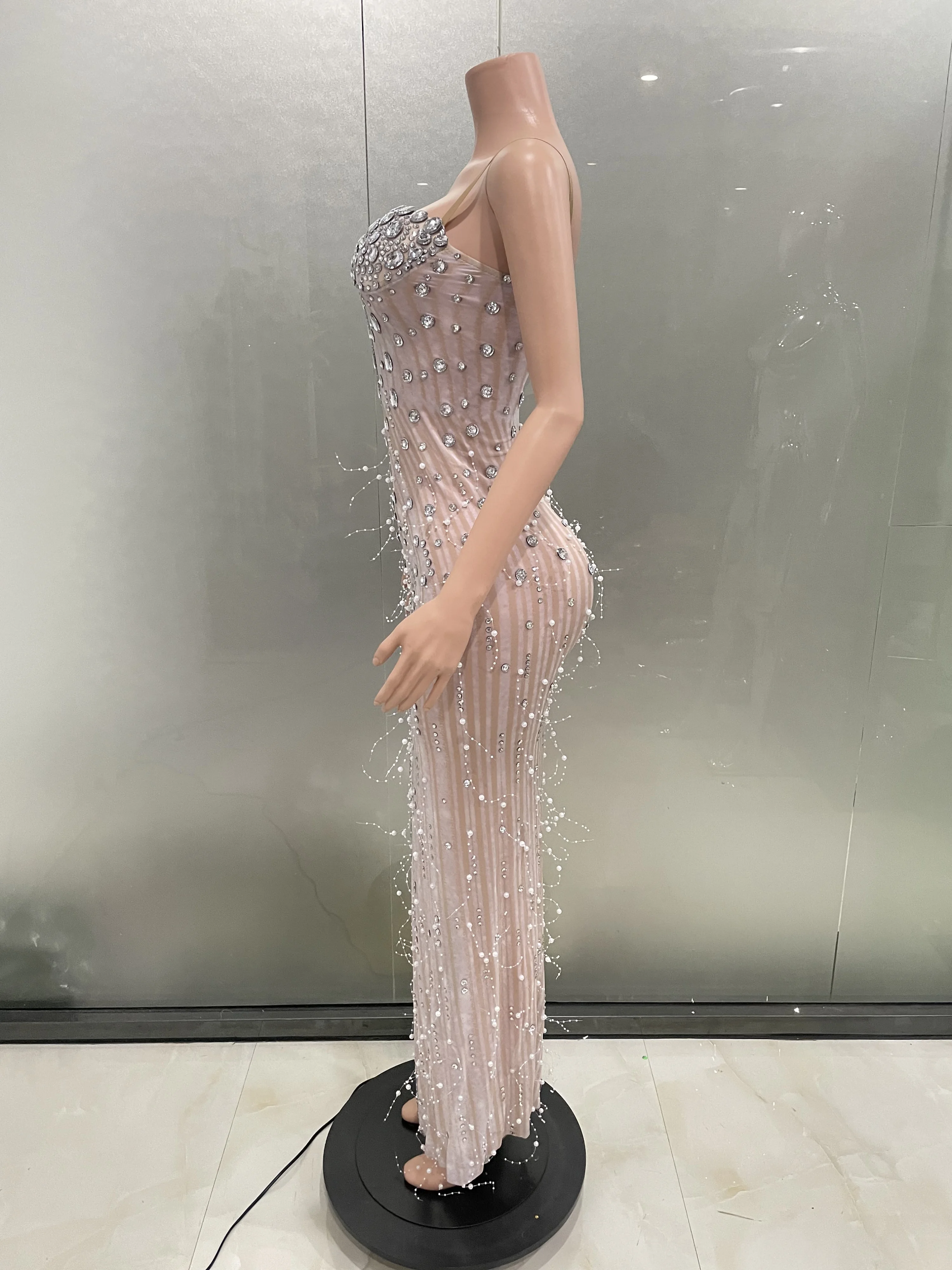 STOCK Women Sexy Crystal Diamond Pearl Long Mesh Stretch Dress Elegant BirthdayParty Evening Dress Stage Performance Costume