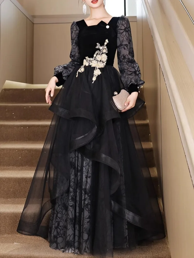 CustomizedFrench Style Balck Formal Evening Dress Women Square Collar Long Sleeve Prom Gown Party Banquet Tiered Tulle Formal Dr