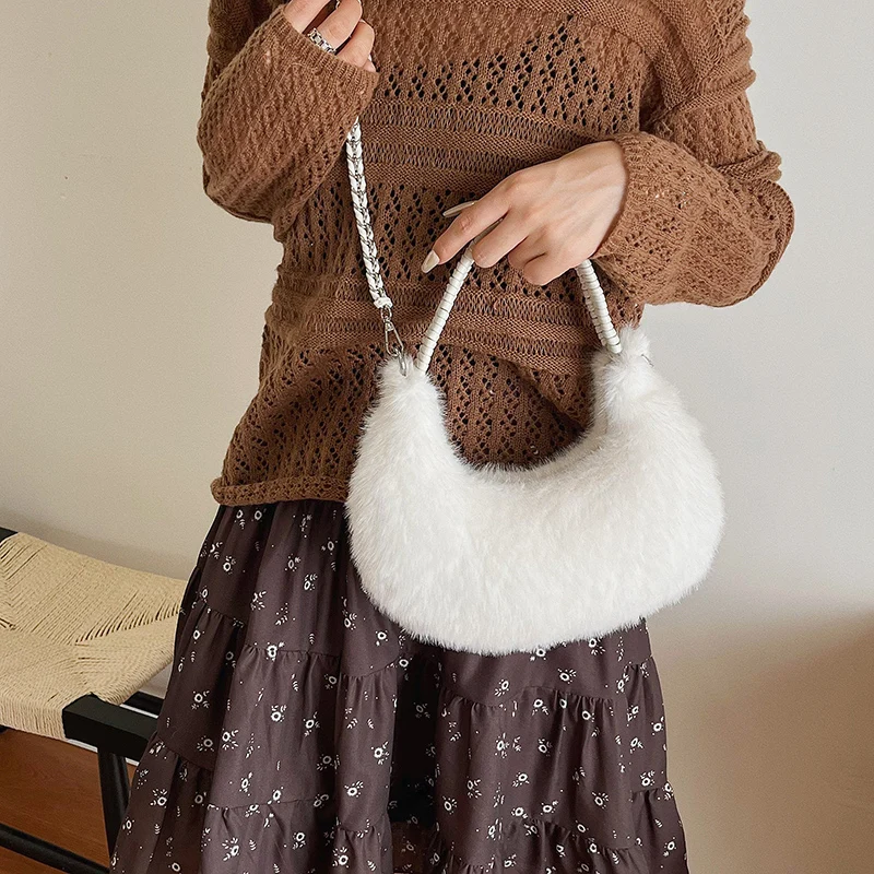Halbmond-Design Lammwoll-Handtasche Clutch für Damen 2026 Winter Weiche Flauschige Handtasche Halbkreis-Plüsch-Umhängetasche Bolsa – Detail 8