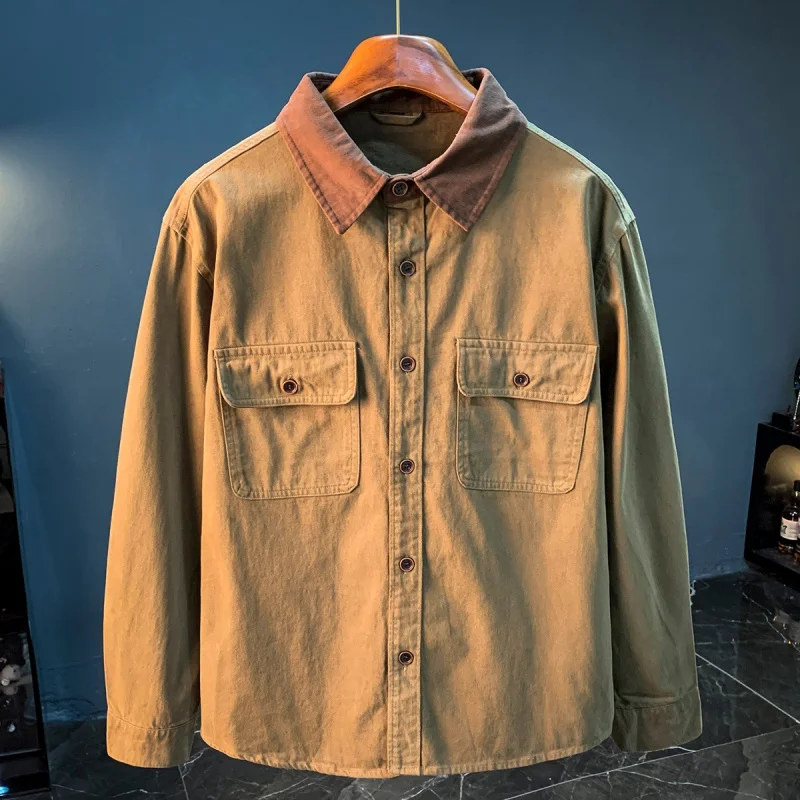 

Autumn new shirt jacket men's loose retro workwear shirt plus size color blocked collar clothes