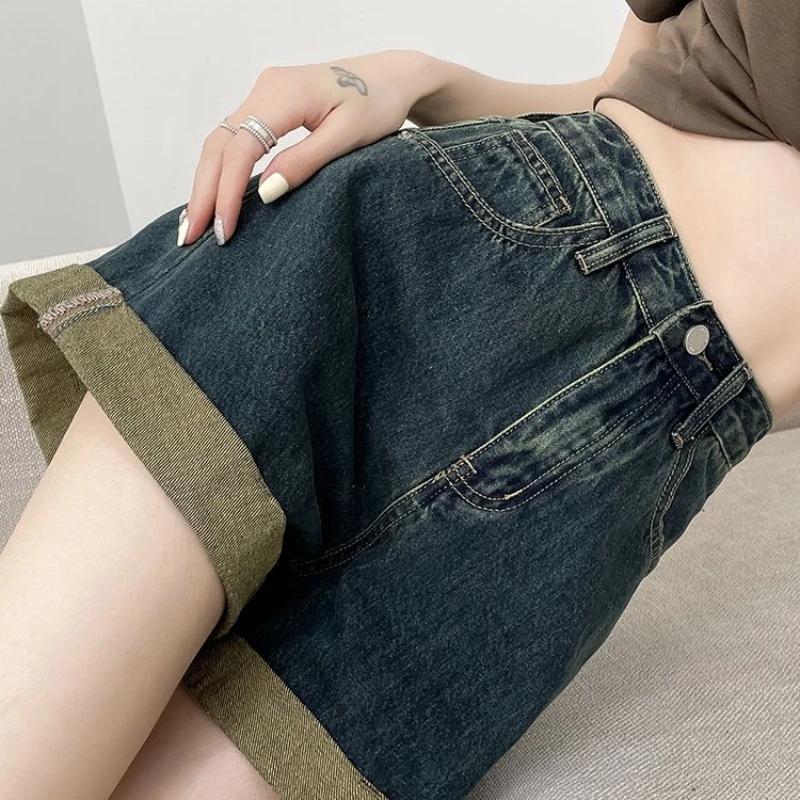 

Summer High Street Denim Shorts Women High Waist Wide Leg A-Line Curling Short Jeans Belt Ladies Loose Vintage Short Pant Q591