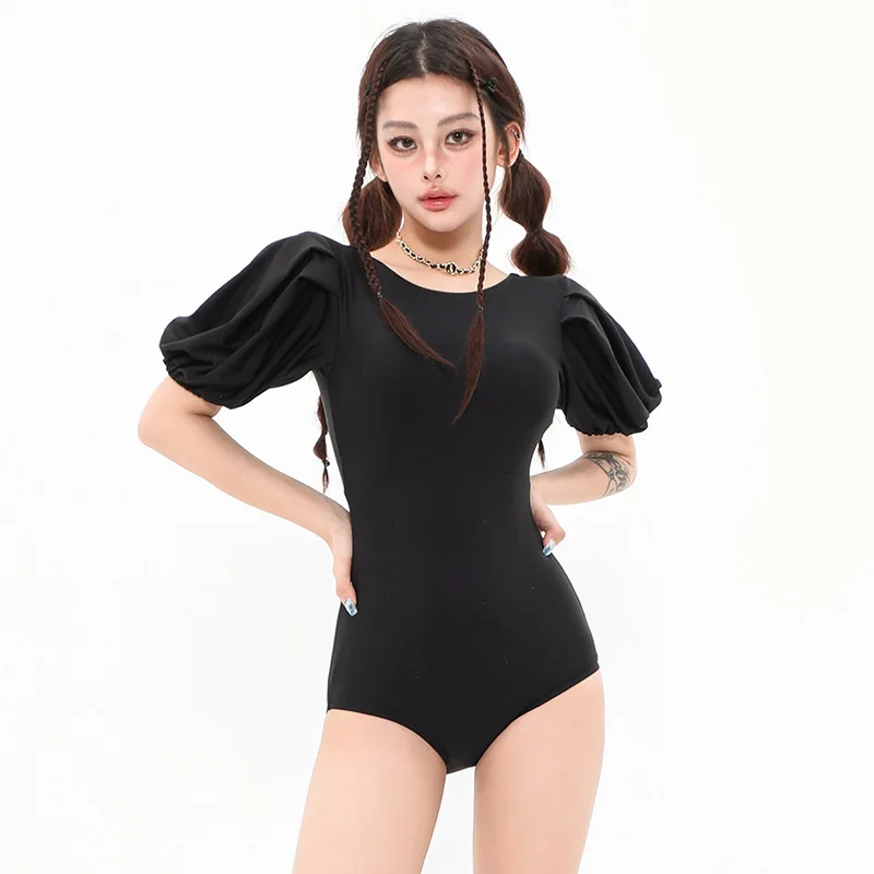 

Fashion Summer Beach Style Women's Bikini Round Neck Bubble Sleeve Gathering Tie Backless High Waist Slim Trendy Female Swimwear