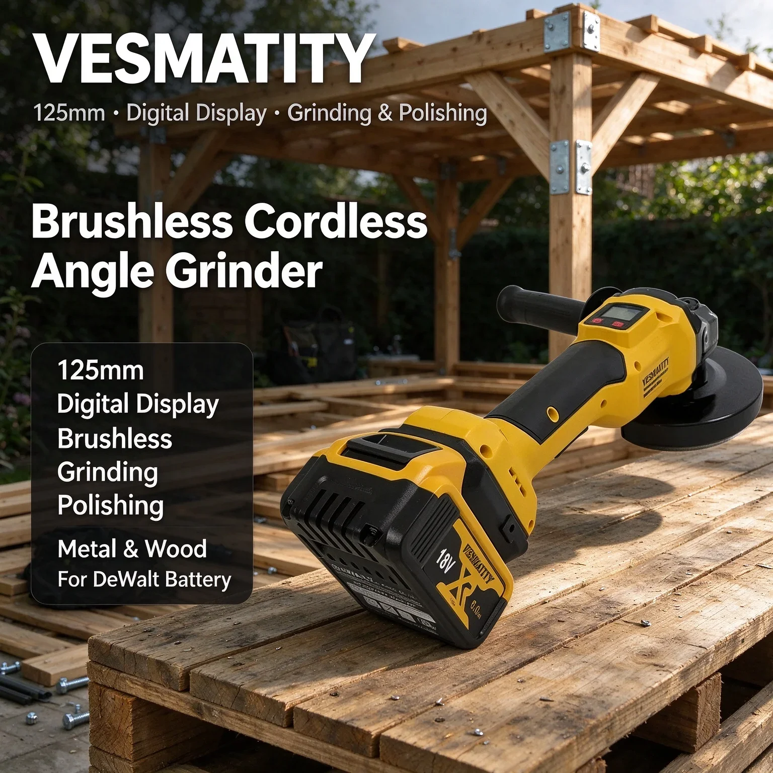 Brushless Cordless 125mm Angle Grinder Electric Digital Display Grinding Polishing for Metal Wood For DeWalt Battery