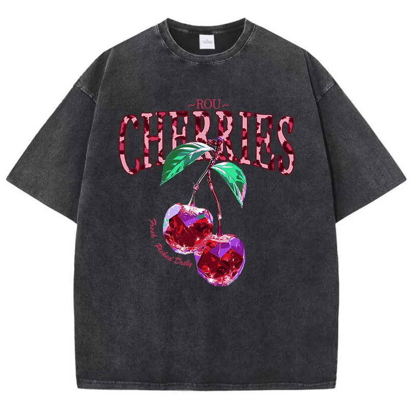 Crystal Cherries Washed T-Shirts Women Cotton Tees Fruit Letter Print Tops Oversize Distressed Short Sleeve Summer Woman Clothes