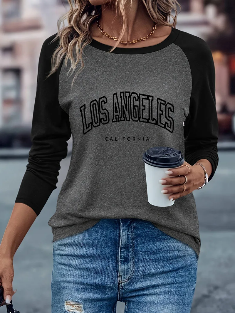 Modisches Los Angeles Kalifornien Print Casual Langarm T-Shirt Harajuku Winter Herbst Grafik Hip Hop Locker Sitzendes T-Shirt für Damen – Detail 3