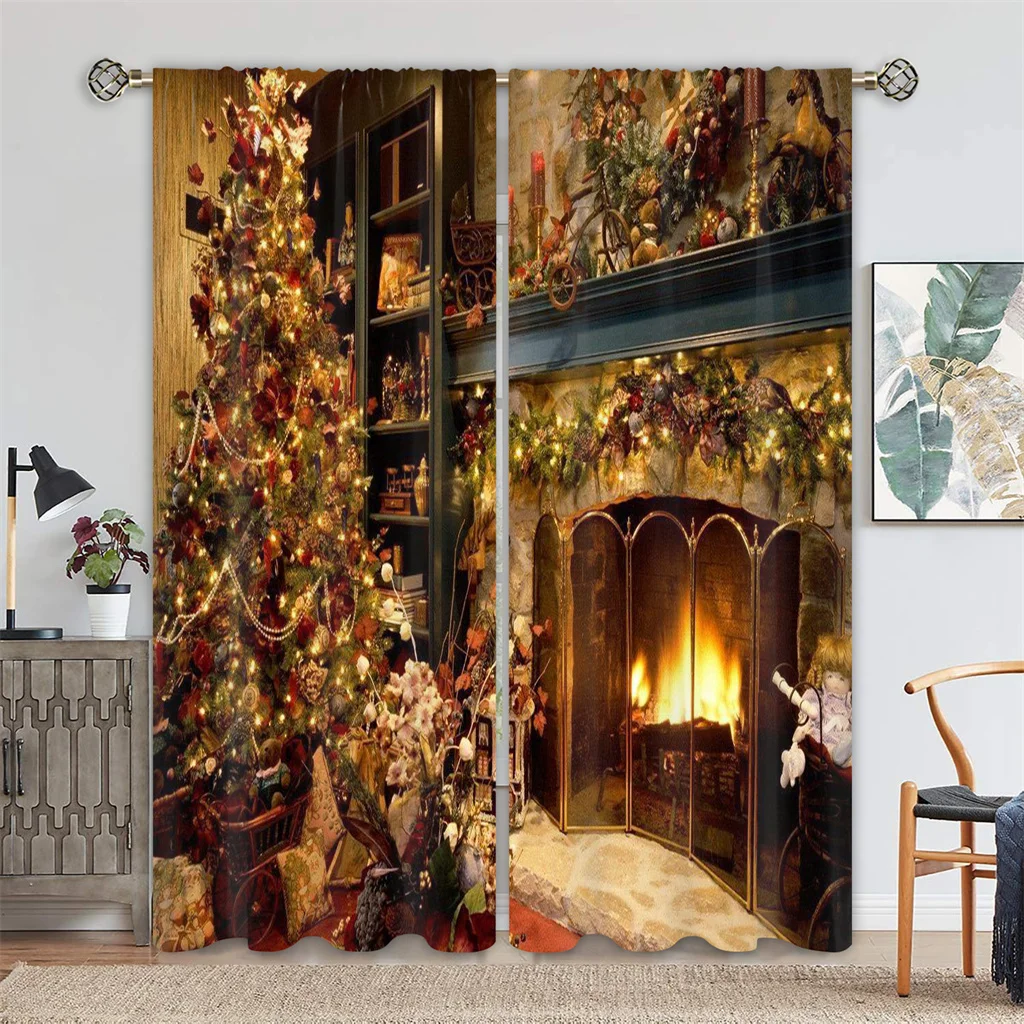 Happy Christmas Stocking Stove 3D Digital Printing Window Curtains Kids Bedroom Living Room Bathroom Kicthen Door Blinds 2Panels