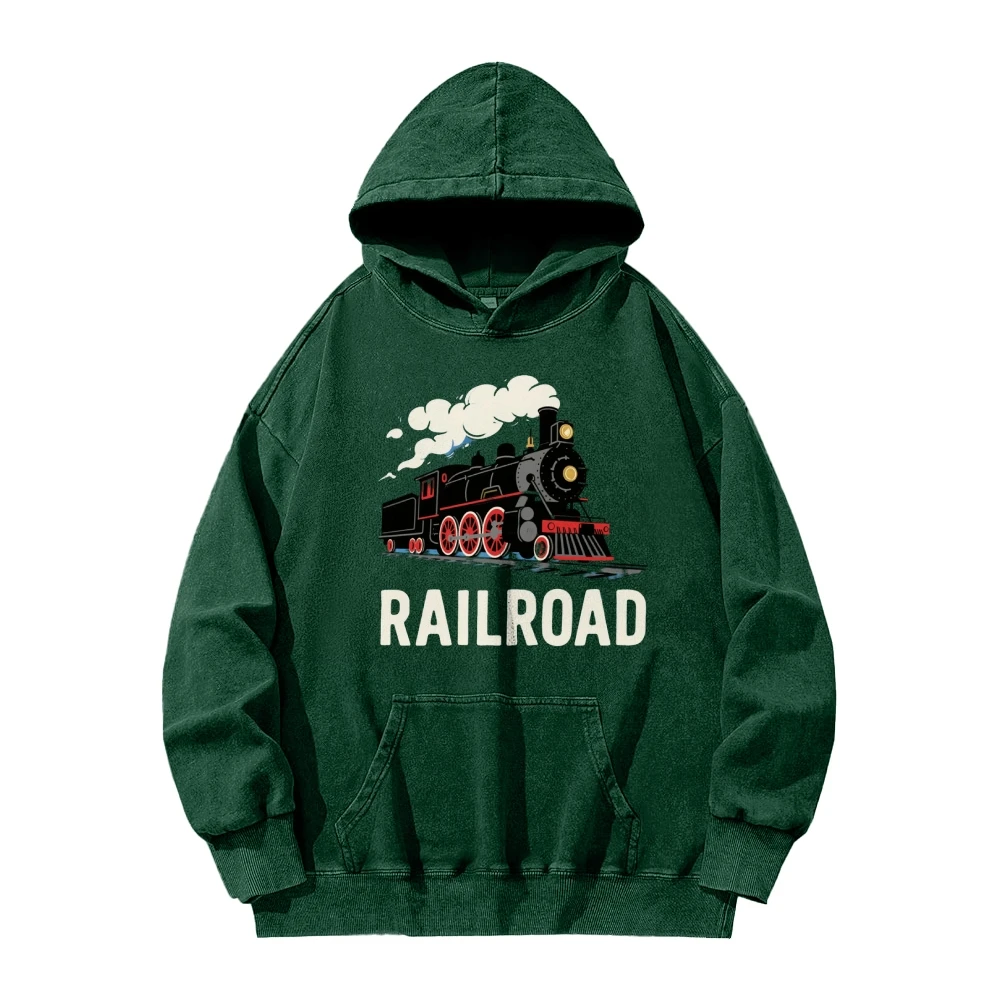 سترة بغطاء للرأس برسومات السكك الحديدية على شكل قطار بخاري عتيق، بلوفر مغسول باللون الوردي القديم مع تصميم قاطرة كلاسيكي لنمط السكك الحديدية العتيق #5