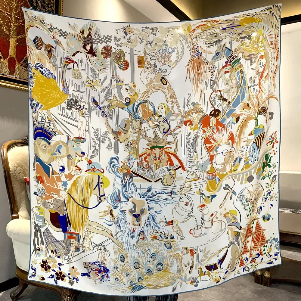 

Double Print Mulberry Silk Scarf Rollerd Edges Square Wool Scarves Wraps Large Bandanas Stole 135CM Mother Christmas Gift