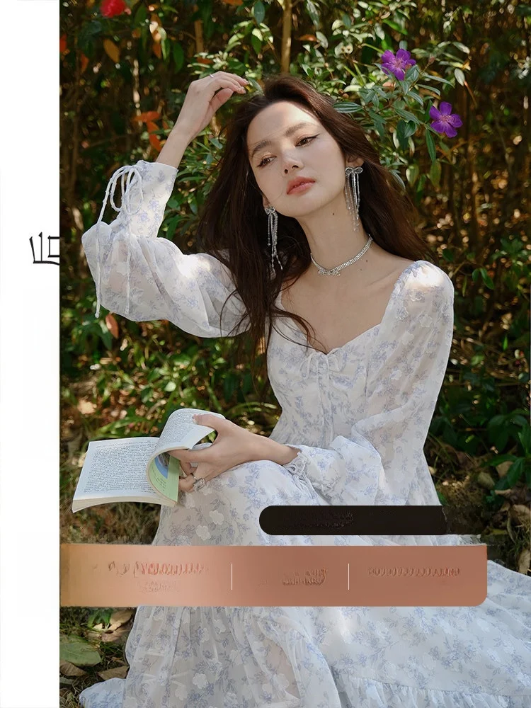 

White Floral Print Chiffon Dress Women's Gentle Tea Break Holiday Long Sleeve High Waist V Neck Princess Style Spring Dress