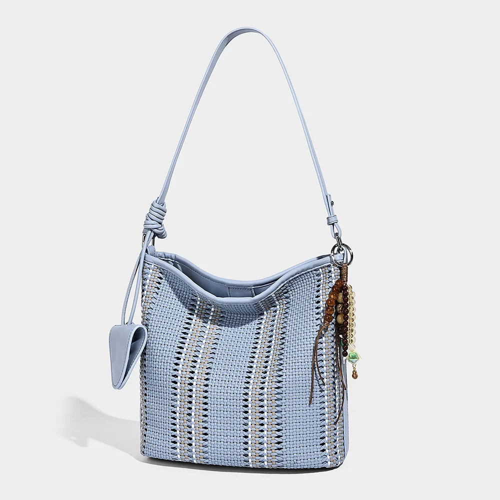

Hot Selling New Contrast Color Woven Bucket Bag Fashion Leather Surface Single Shoulder Bag Casual Style Women Underarm Bags