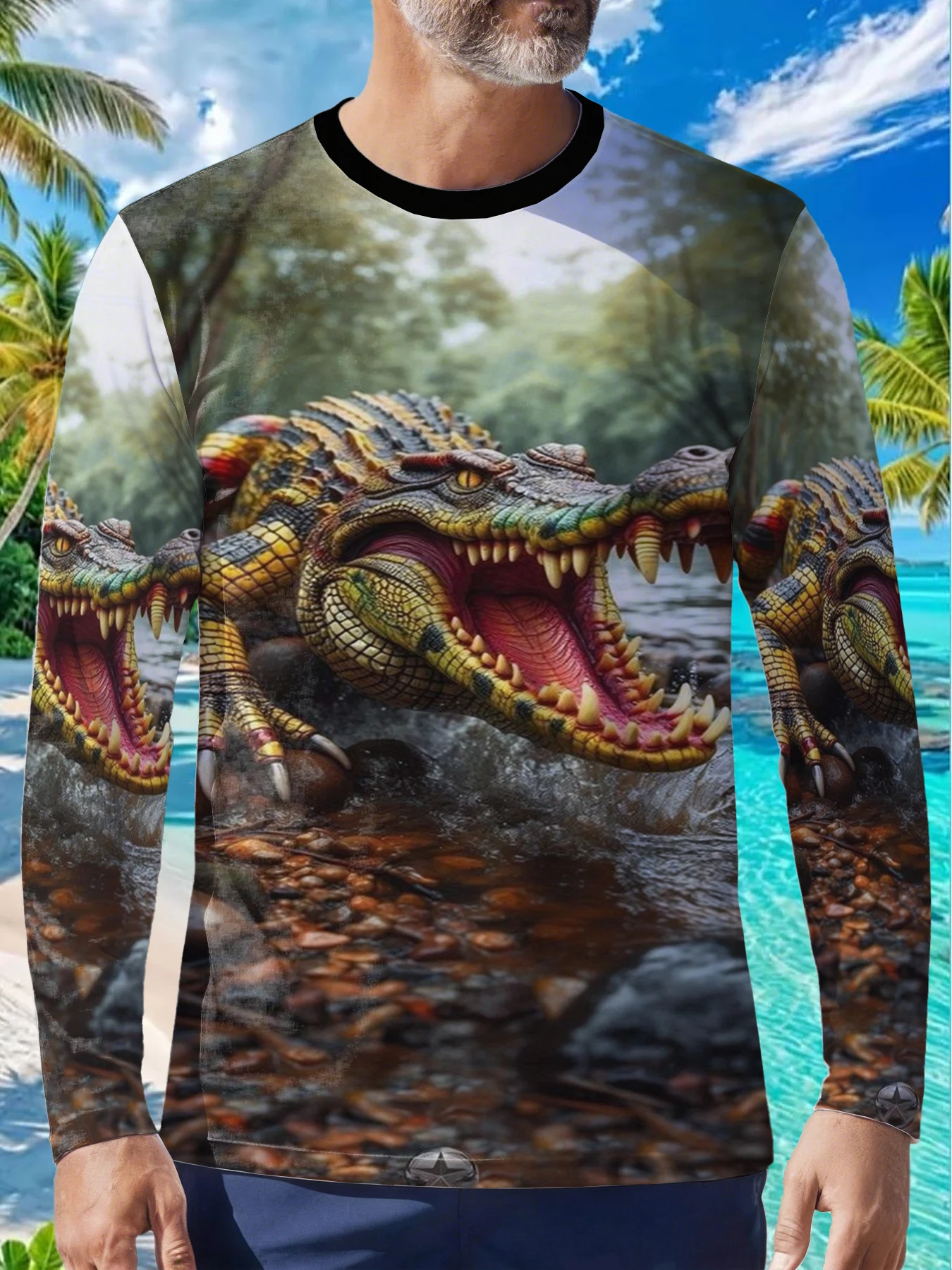 Forest River Crocodile Wildlife Monster Mens Polyester Long Sleeve T Shirt Two Headed Crocodile Print Graphic Tee Vintage Casual
