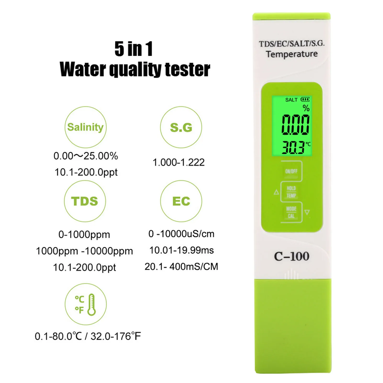 

Water Quality Tester Pen, C-100 5 in 1 Salinity TDS EC Seawater Tester Multifunction Water Quality Tester with Backlight
