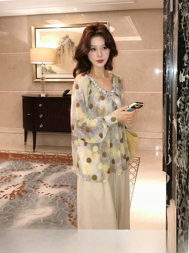 

Mijin Spring 2026 Loose Fit Polka Dot Fla Diamond Print V-Ne Slimming Floral Pattern Women's irt Gentle Sle Long Sve