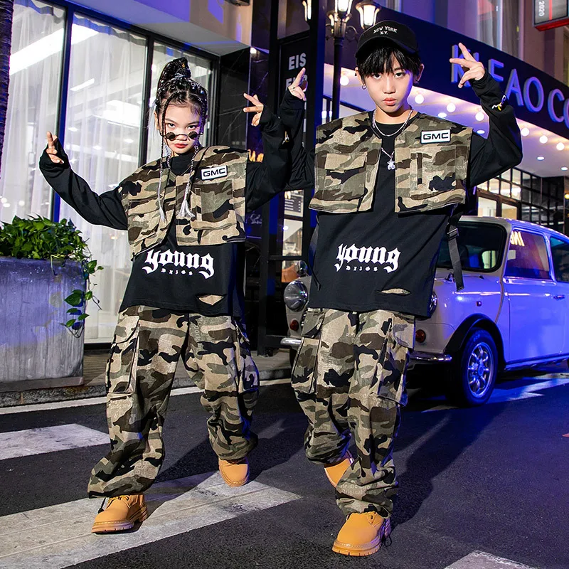 Meninas hip hop camuflagem colete calças de carga crianças militar jogger dança rua crianças traje adolescente meninos streetwear outfit