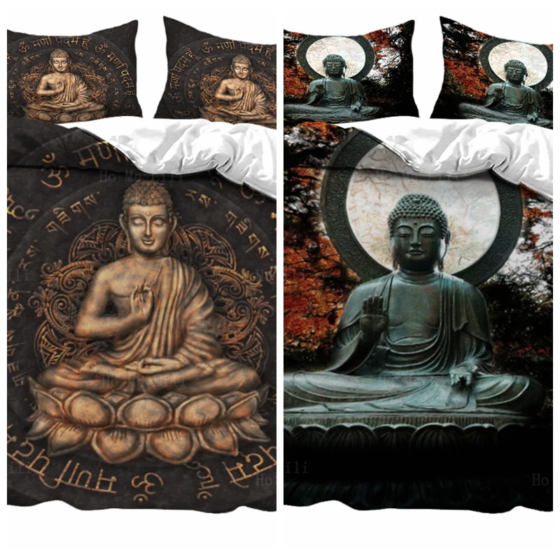 

Golden Sitting Buddha Gautama Against Sanskrit Mantra Meditation Statue Lotus Garden Duvet Cover Set By Ho Me Lili Bedding Decor