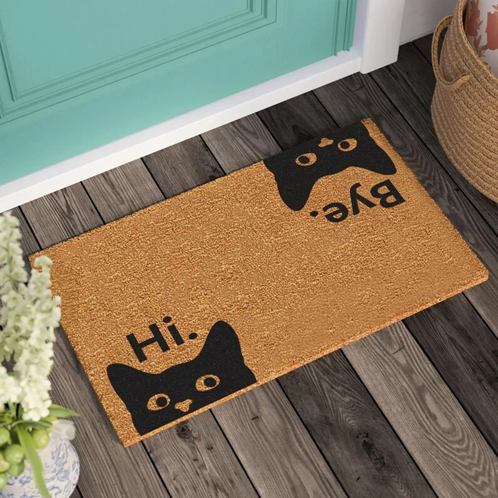 Hi Bye Cat Doormat Cute Coconut Entryway Welcome Carpet Custom Unique Bath Rug Cat Lover Gift Easy Clean Absorbent Door Wiper
