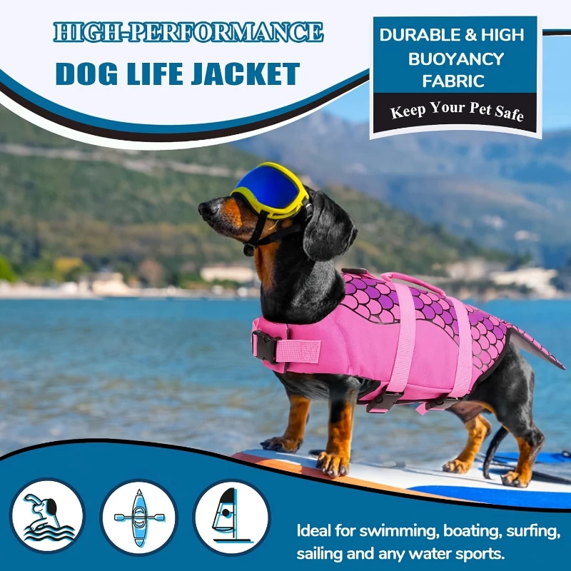 Shark/Mermaid Dog Life Jacket High Buoyancy Pet Swim Vest with Safety Handle Adjustable Dog Life Vest for Swimming Boating Beach view 5