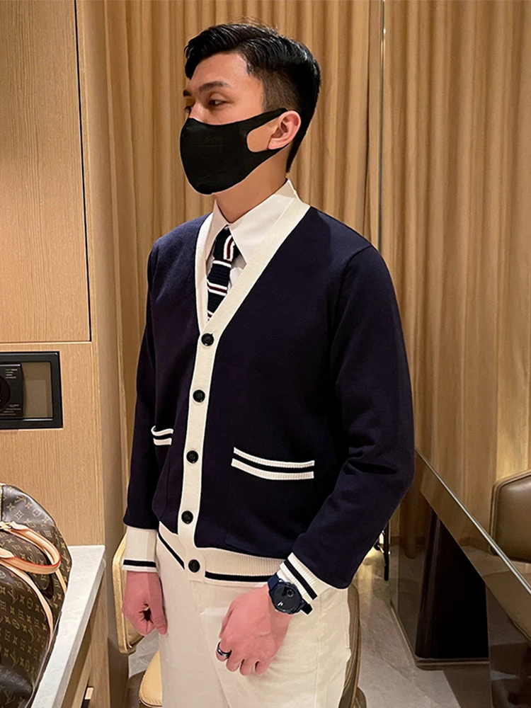 

Мужской вязаный свитер в стиле ретро Briti Sle, открытый кардиган с v-образным вырезом, приталенная цветная блузка, академическая повседневная деловая верхняя одежда