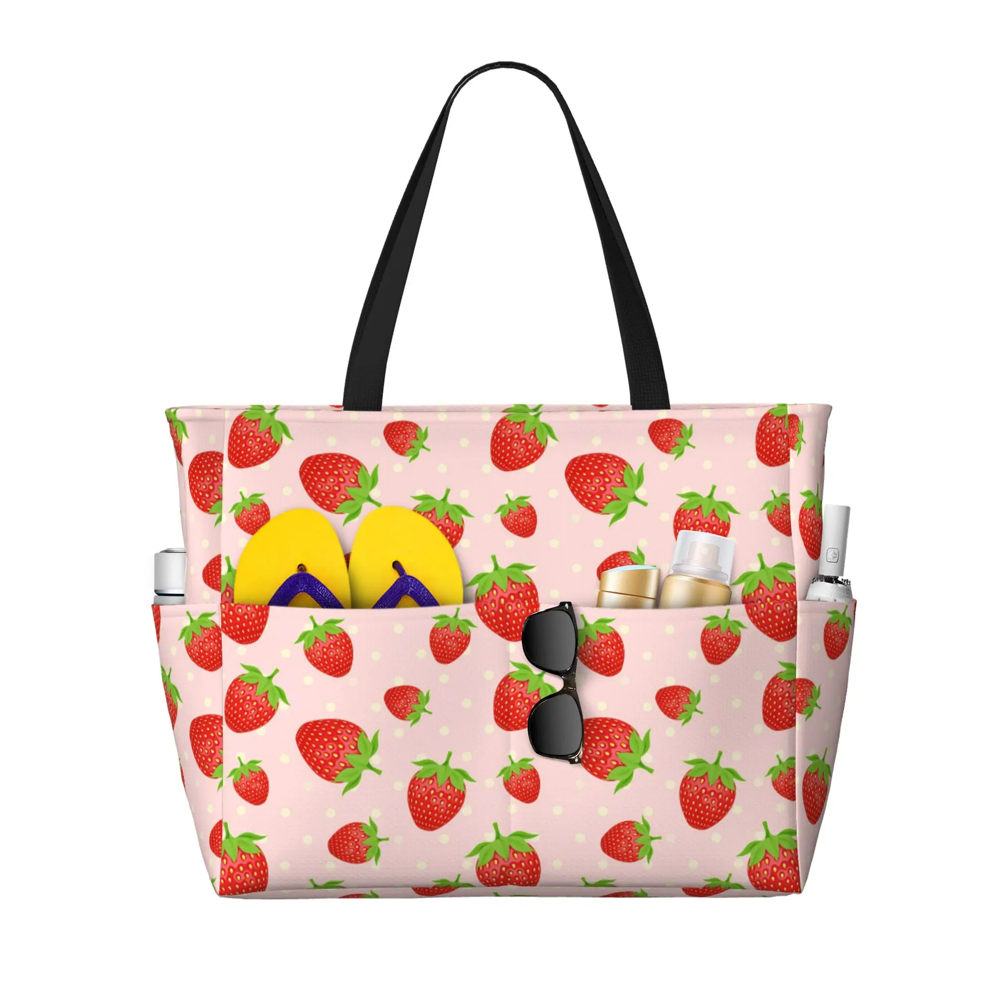 Strawberry Waterproof Beach Tote Pool Bags for Women Ladies Extra Large Gym Tote Carry on Bag Compartment for Weekender Travel