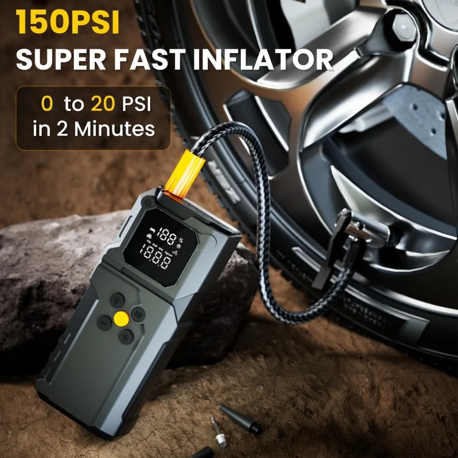 Portable 12V Car Battery Jump Starter with 5000A Peak Current and 150PSI Air Compressor for 9.0L Gas and 7.0L Diesel Engines In